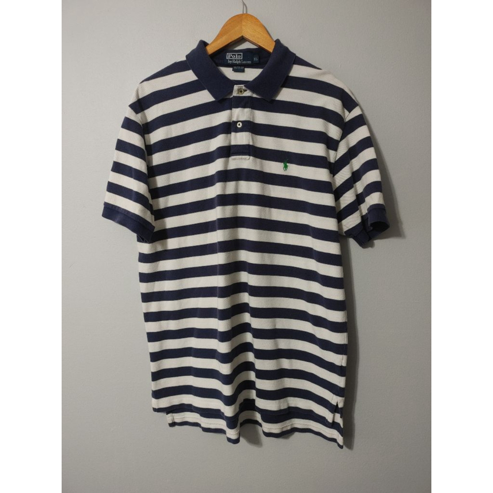 Men's Polo by Ralph Lauren Striped Polo Shirt XL Navy Blue White Vintage